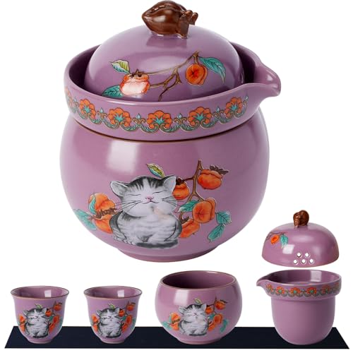 Foinly Mini Tea Cups,Cute Lucky Cat Cups,Small Tea Mugs,Porcelain Gongfu Tea set with 3 in 1,Tea Sets for Adults,Ceramic Tea Infuser Cup for Loose Leaf for Women/Tea Lovers/Birthday/Mother's Day (Purple) - Image 1