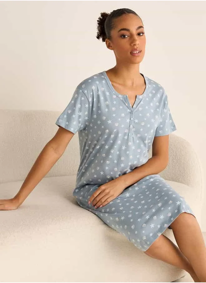 FAV Star Print Sleepshirt with Button Closure and Short Sleeves
