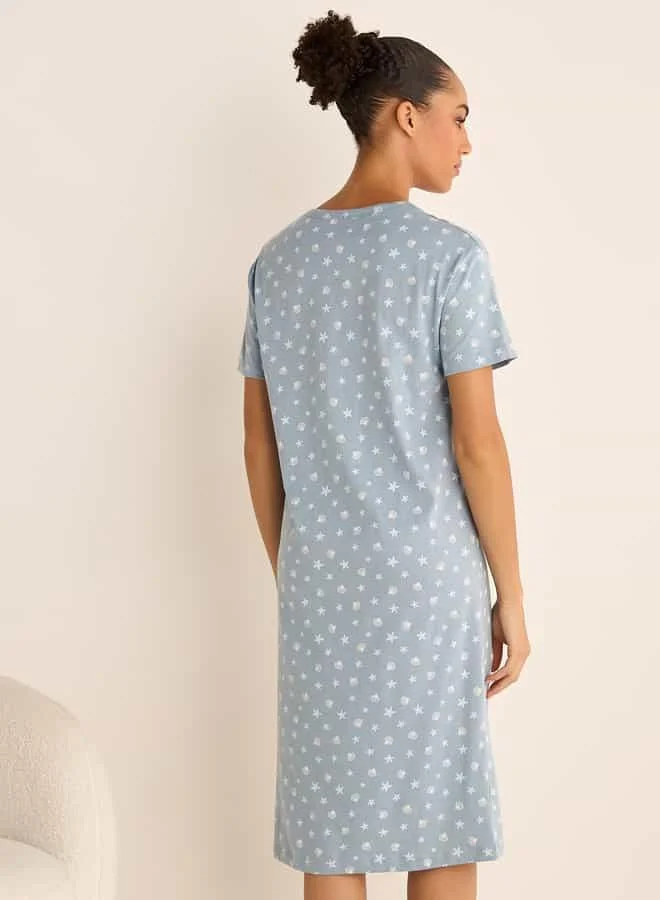 Splash FAV Star Print Sleepshirt with Button Closure and Short Sleeves