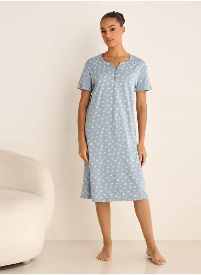 FAV Star Print Sleepshirt with Button Closure and Short Sleeves