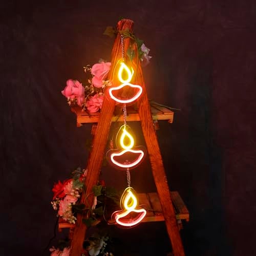 OVG Diya Toran Neon Sign LED Light 6 x 6 Inch, Latkan for Diwali, Mandir Lights, Home Decor, Gifts and All Occasions Multicolor 3 diyas (Adapter Included) - Image 2