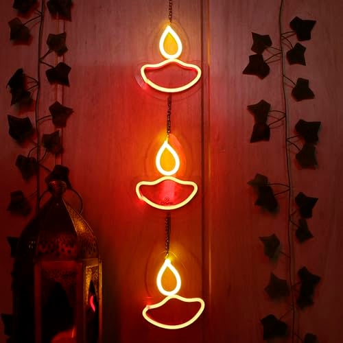 OVG Diya Toran Neon Sign LED Light 6 x 6 Inch, Latkan for Diwali, Mandir Lights, Home Decor, Gifts and All Occasions Multicolor 3 diyas (Adapter Included) - Image 1