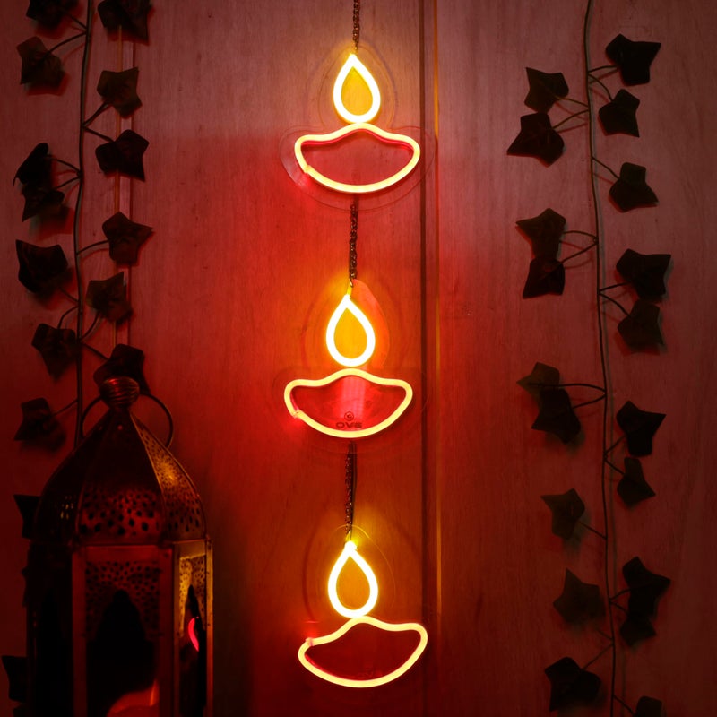OVG Diya Toran Neon Sign LED Light 6 x 6 Inch, Latkan for Diwali, Mandir Lights, Home Decor, Gifts and All Occasions Multicolor 3 diyas (Adapter Included) - Image 5
