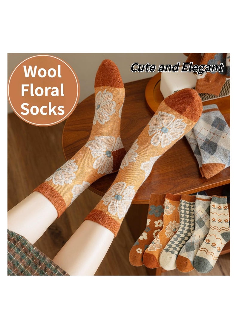 KASTWAVE 5 Pairs Wool Socks for Women Thick Knit Vintage Cute Floral Crew Socks - Image 2