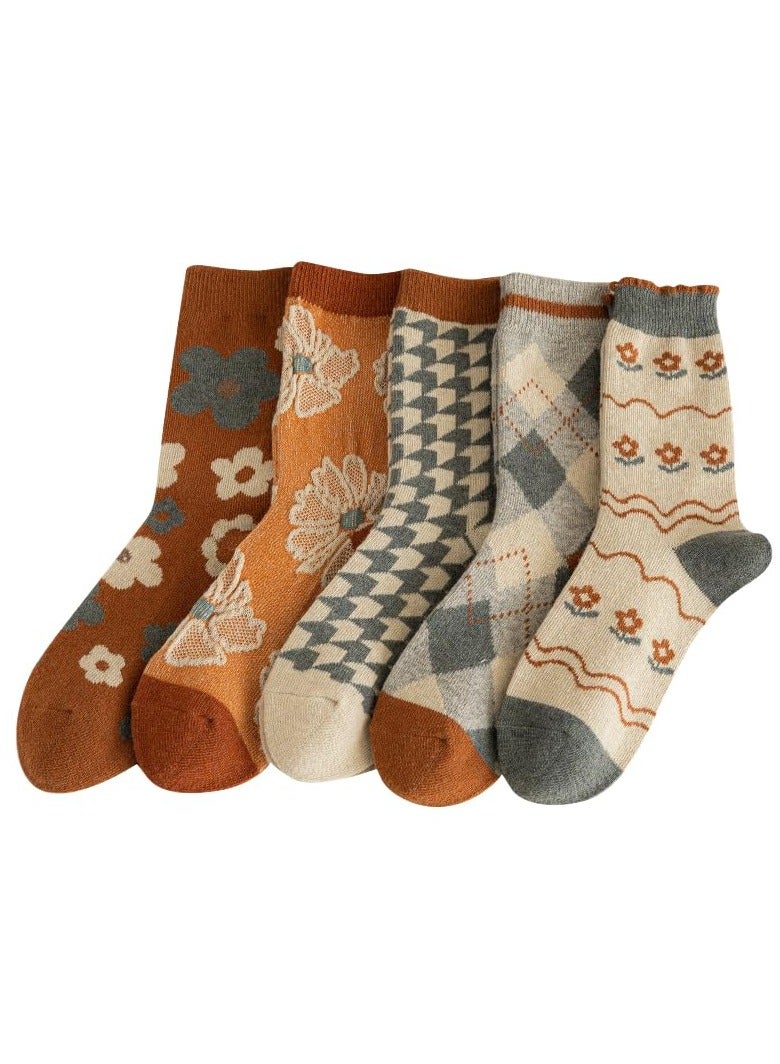KASTWAVE 5 Pairs Wool Socks for Women Thick Knit Vintage Cute Floral Crew Socks - Image 1