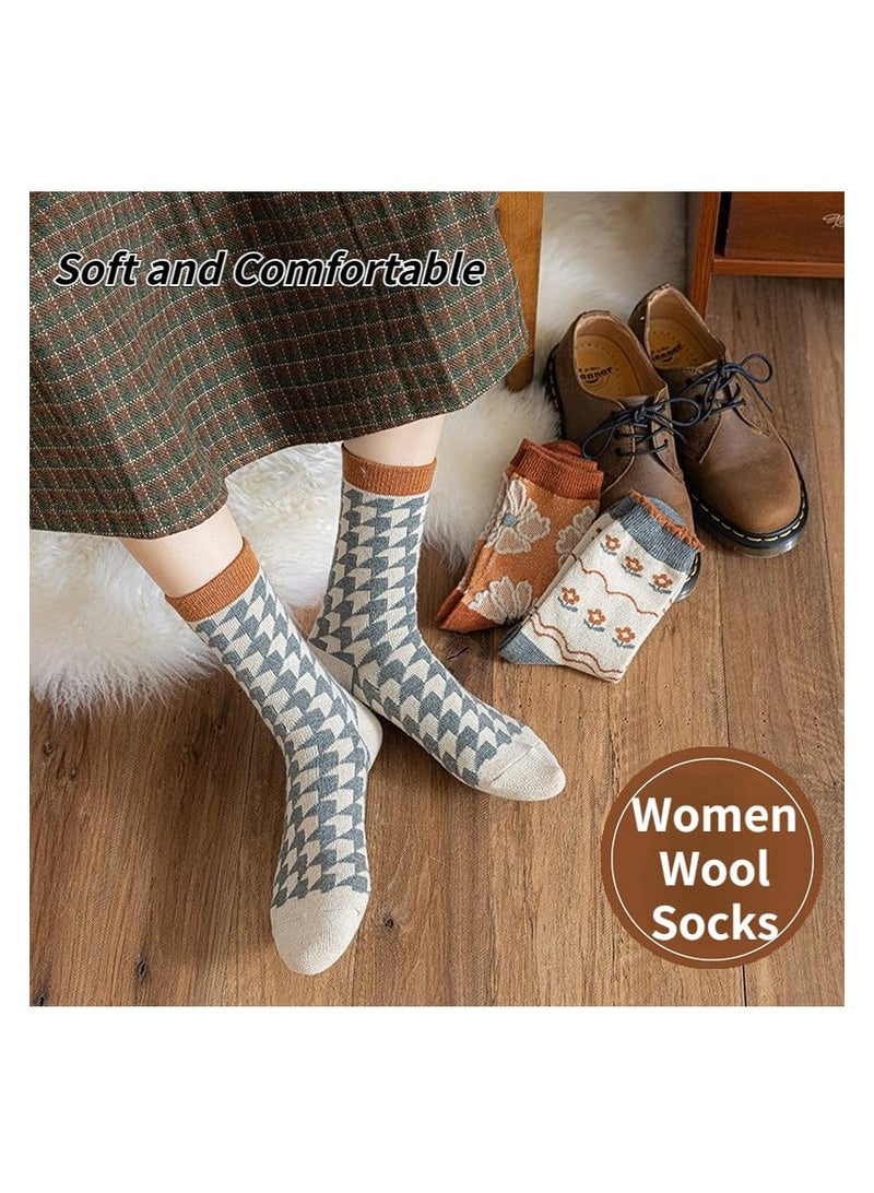 KASTWAVE 5 Pairs Wool Socks for Women Thick Knit Vintage Cute Floral Crew Socks - Image 3