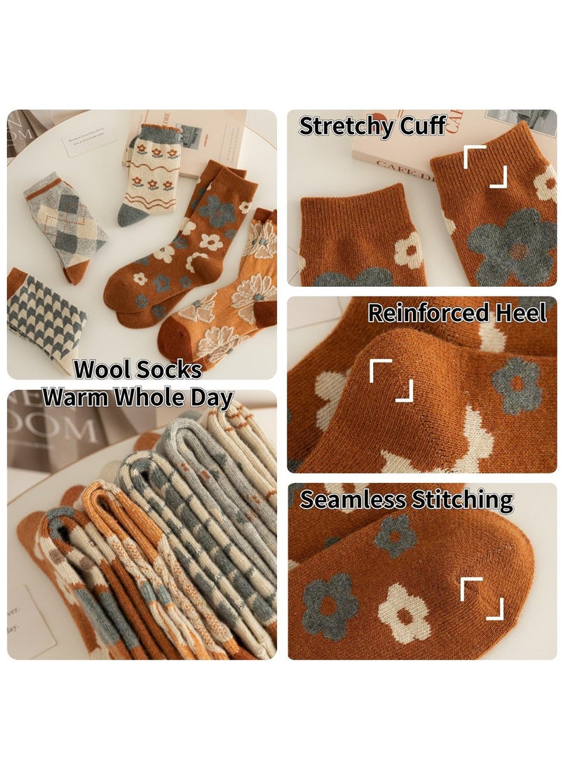 KASTWAVE 5 Pairs Wool Socks for Women Thick Knit Vintage Cute Floral Crew Socks - Image 4
