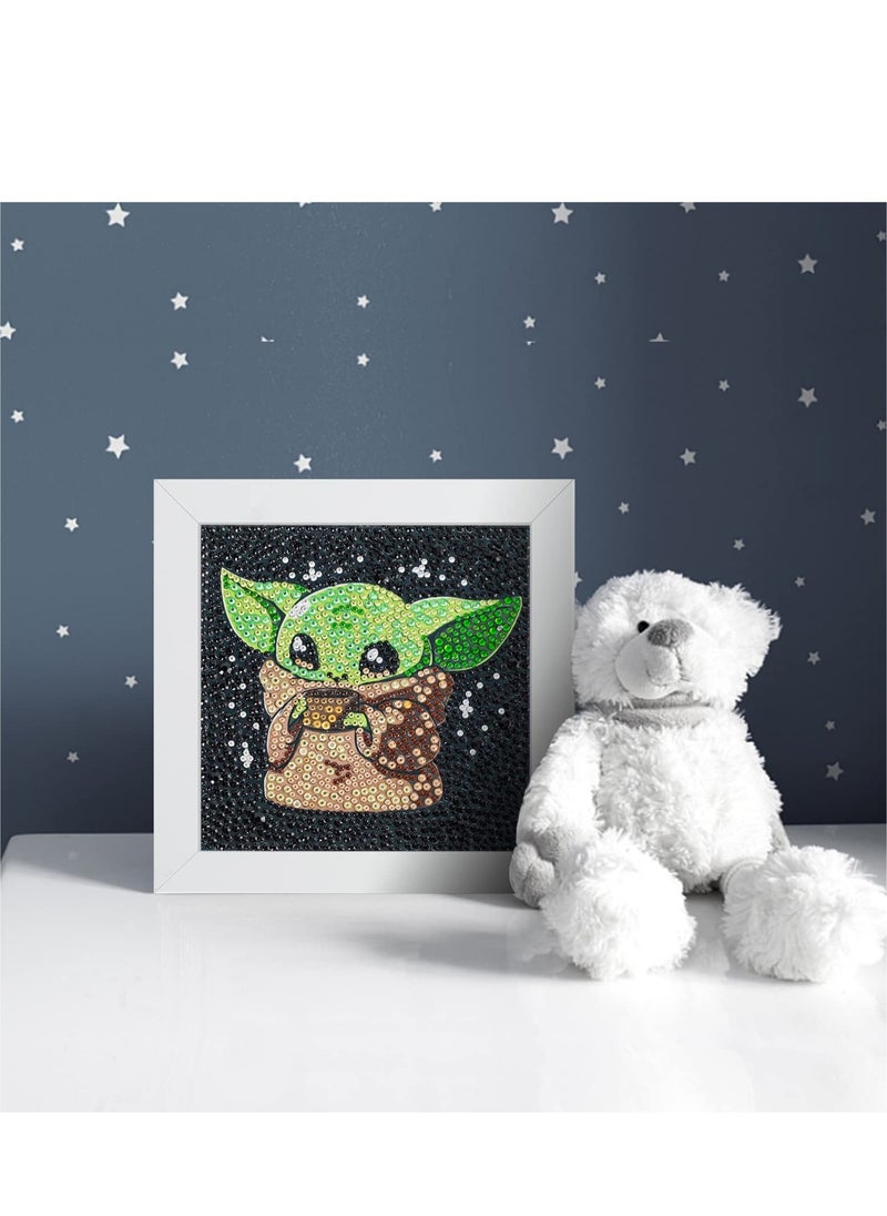 SYOSI - 5D Diamond Painting Kit for Kids with Wooden Frame Easy Small Anime Diamond Painting Full Drill Diamond Art Gem Painting for Beginners 7X7 inch (Baby Yoda) - Image 1