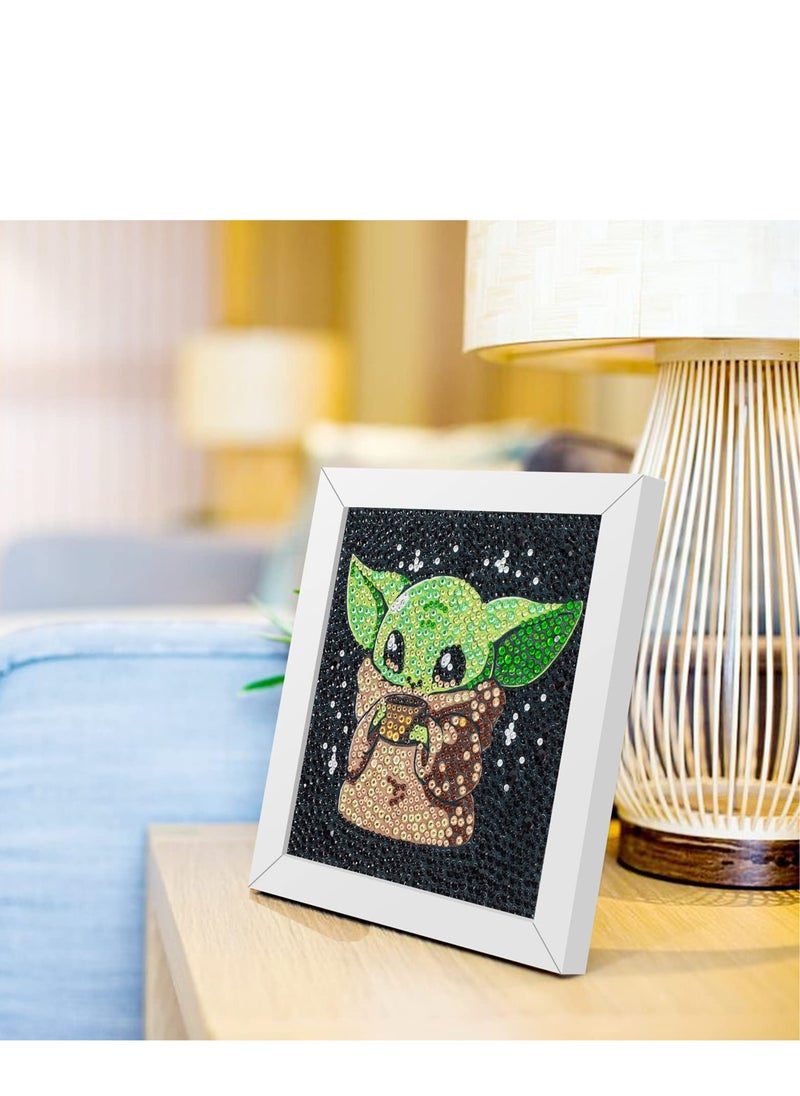 SYOSI - 5D Diamond Painting Kit for Kids with Wooden Frame Easy Small Anime Diamond Painting Full Drill Diamond Art Gem Painting for Beginners 7X7 inch (Baby Yoda) - Image 1