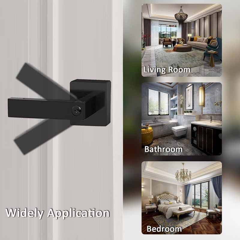DSJJBLL Matte Black Door Handle Heavy Duty, Keyed Alike Entry Door Lever, Door Knobs with Lock and Key, Square Door Lever for Bedroom, Bathroom and Front Door - Image 2