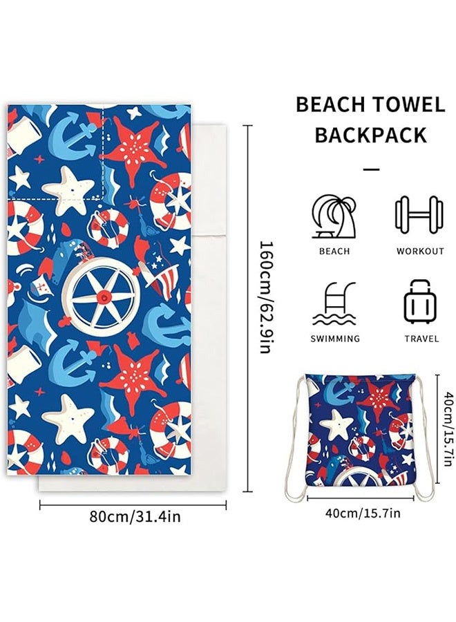 MXN 2-in-1 Lightweight Beach Towel Backpack for Adults & Kids, Oversized 160x80cm Sand-Free Towel Converts into 40x40cm Drawstring Bag,  Foldable Nautical Print for Beach, Pool, Gym & Travel Things Vacation  - Image 2
