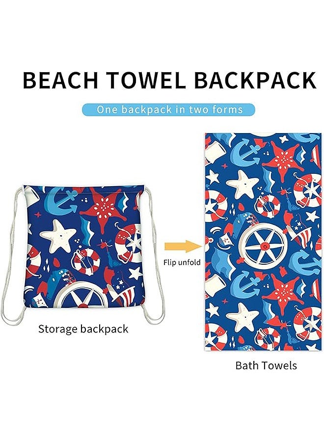 MXN 2-in-1 Lightweight Beach Towel Backpack for Adults & Kids, Oversized 160x80cm Sand-Free Towel Converts into 40x40cm Drawstring Bag,  Foldable Nautical Print for Beach, Pool, Gym & Travel Things Vacation  - Image 3