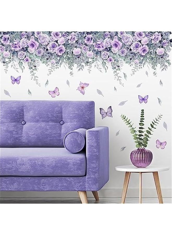 Purple Flowers Plant Wall Sticker for Living Room Bedroom Background Wall Decor Stickers Pastoral Wall Decals for Girls Room Monther Room Daughter Room Decoration Murals - Image 1