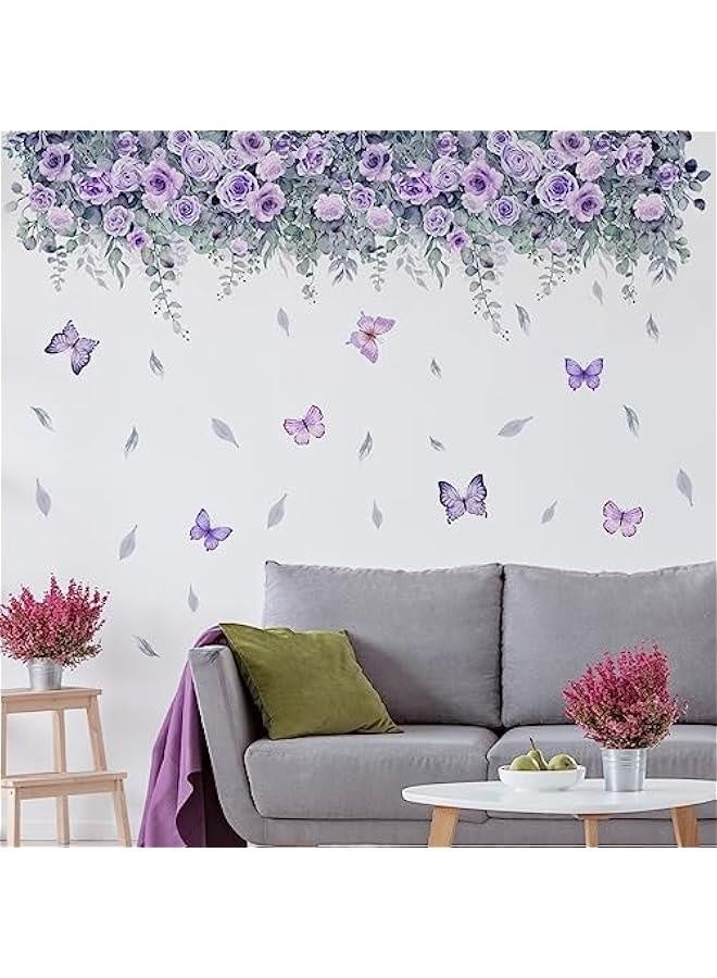 Purple Flowers Plant Wall Sticker for Living Room Bedroom Background Wall Decor Stickers Pastoral Wall Decals for Girls Room Monther Room Daughter Room Decoration Murals - Image 3