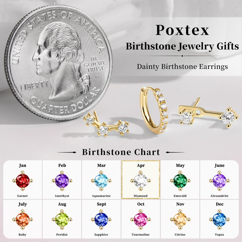 Poxtex Trendy 14K Gold Plated Earrings for Women Accessories, Stud Huggie Hoop Jacket Stack Cartilage Helix Earring Set for Multiple Piercing, Small Dainty Cute Fashion Birthstone Jewelry Gifts Set - Image 5