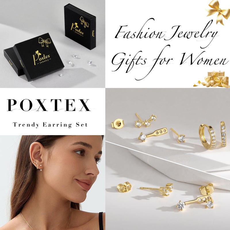 Poxtex Trendy 14K Gold Plated Earrings for Women Accessories, Stud Huggie Hoop Jacket Stack Cartilage Helix Earring Set for Multiple Piercing, Small Dainty Cute Fashion Birthstone Jewelry Gifts Set - Image 4