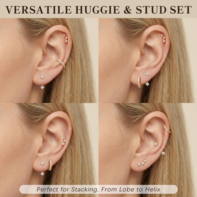 Poxtex Trendy 14K Gold Plated Earrings for Women Accessories, Stud Huggie Hoop Jacket Stack Cartilage Helix Earring Set for Multiple Piercing, Small Dainty Cute Fashion Birthstone Jewelry Gifts Set - Image 3