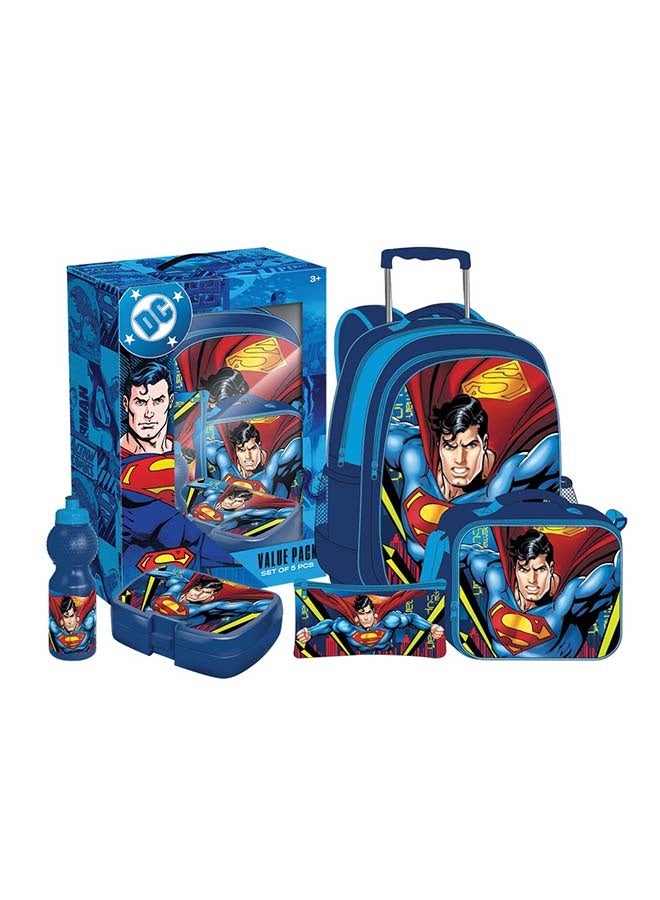 Warner Bros. DC Superman 5 in 1 Value Pack (16" Trolley Bag with Lunch Box, Lunch bag, Water Bottle and Pencil Case) - Image 1