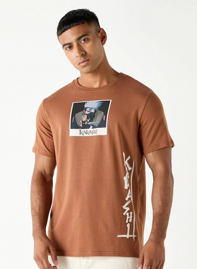 Kakashi Print Crew Neck T-shirt with Short Sleeves