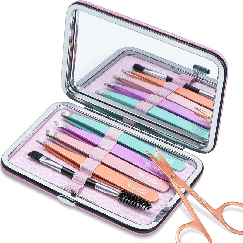 TsMADDTs Tweezers for Women Facial Hair  Precision Tweezers Set with Travel Case  Stainless Steel with Scissor Mirror