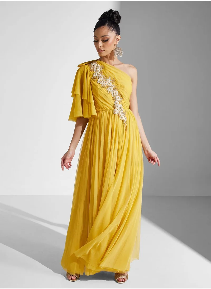 Amri One Shoulder Embroidered Ruffle Dress