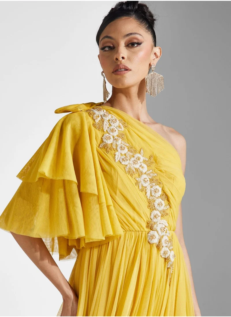 Amri One Shoulder Embroidered Ruffle Dress