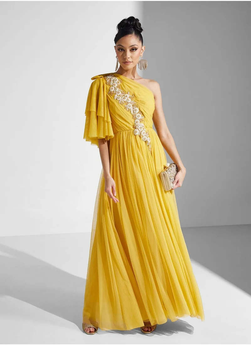 Amri One Shoulder Embroidered Ruffle Dress