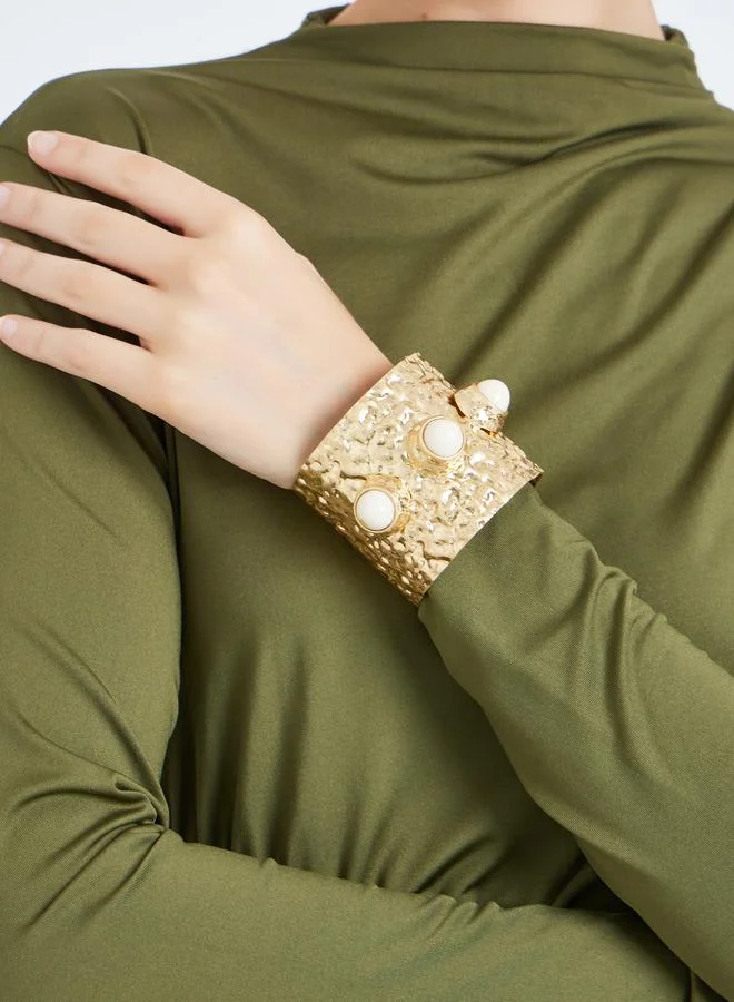 Textured Cuff Bracelet with Faux Pearl Detail