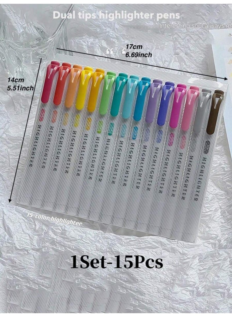 HPRT Double Ended Highlighters 15 Pcs, Dual Tip Mild Color Highlighter Pens With Broad And Fine Tips, Chisel Tip Marker Pens For Note Taking, Underlining, Coloring And School Office Use (Multicolour, 14 cm) - Image 2