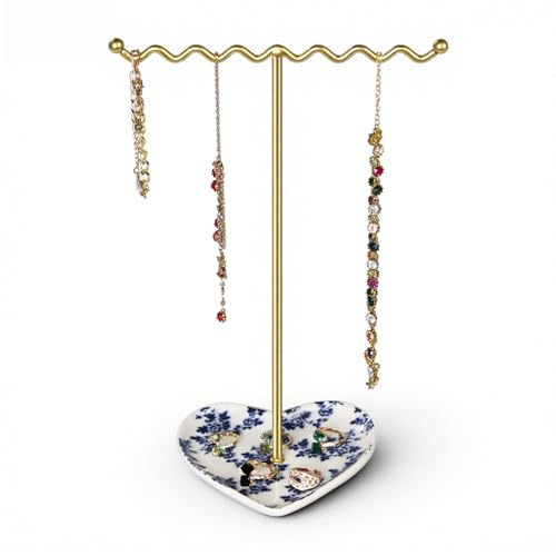 Saydear Elegant Jewelry Holder Tree Stand with Ceramic Tray - Metal Necklace Holder Organizer for Rings Bracelets Earrings - Tangle Free, Rustproof Decorative Display for Vanity Dresser Blue and White - Image 1