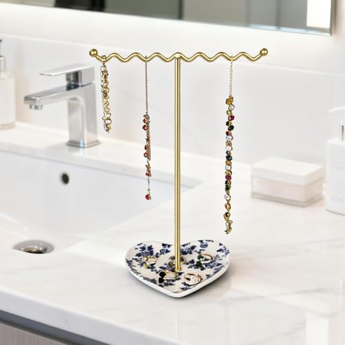 Saydear Elegant Jewelry Holder Tree Stand with Ceramic Tray - Metal Necklace Holder Organizer for Rings Bracelets Earrings - Tangle Free, Rustproof Decorative Display for Vanity Dresser Blue and White - Image 4