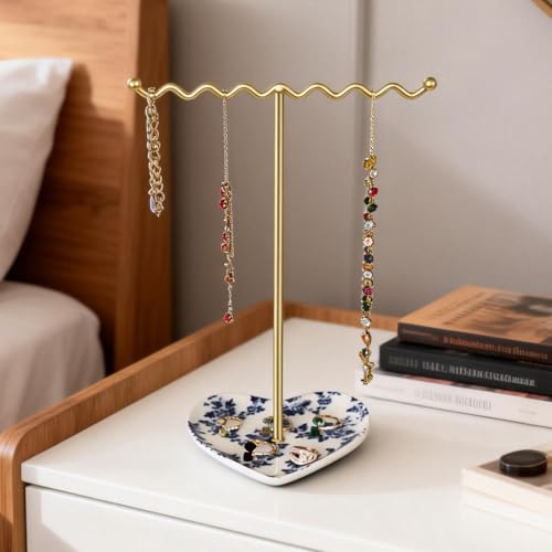 Saydear Elegant Jewelry Holder Tree Stand with Ceramic Tray - Metal Necklace Holder Organizer for Rings Bracelets Earrings - Tangle Free, Rustproof Decorative Display for Vanity Dresser Blue and White - Image 2