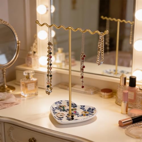 Saydear Elegant Jewelry Holder Tree Stand with Ceramic Tray - Metal Necklace Holder Organizer for Rings Bracelets Earrings - Tangle Free, Rustproof Decorative Display for Vanity Dresser Blue and White - Image 3