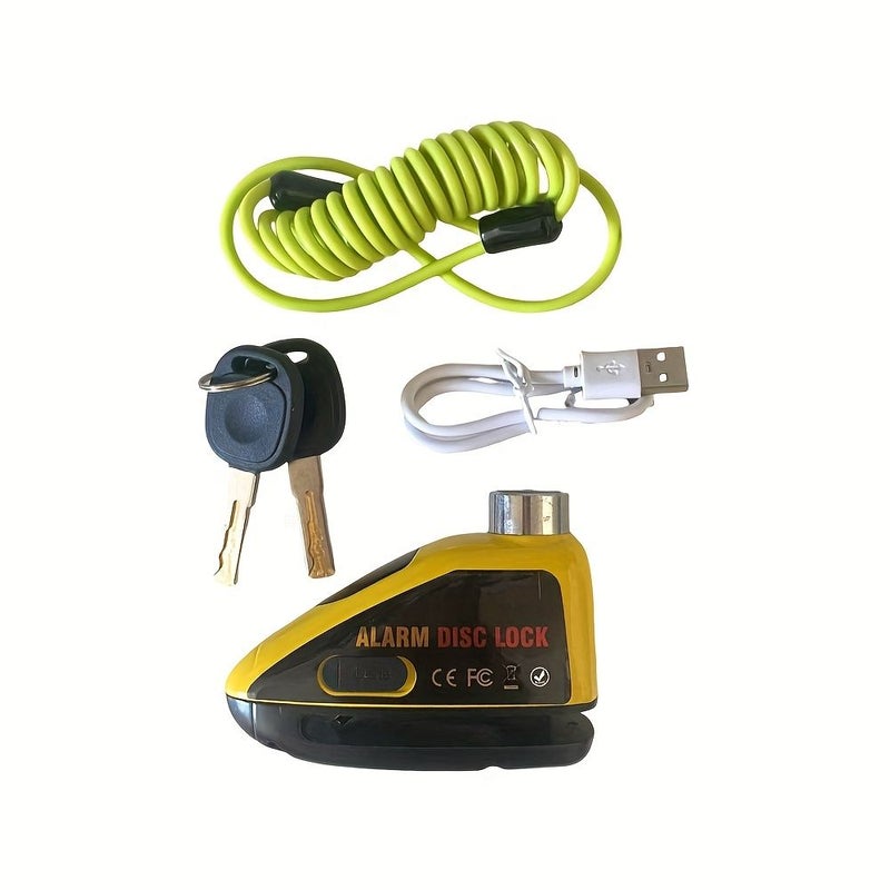 Yellow Green 110dB Alarm Disc Lock for Motorcycles and E Bikes Low Pick Proof Design USB Type C Fast Charging Includes Warning Rope - Image 5
