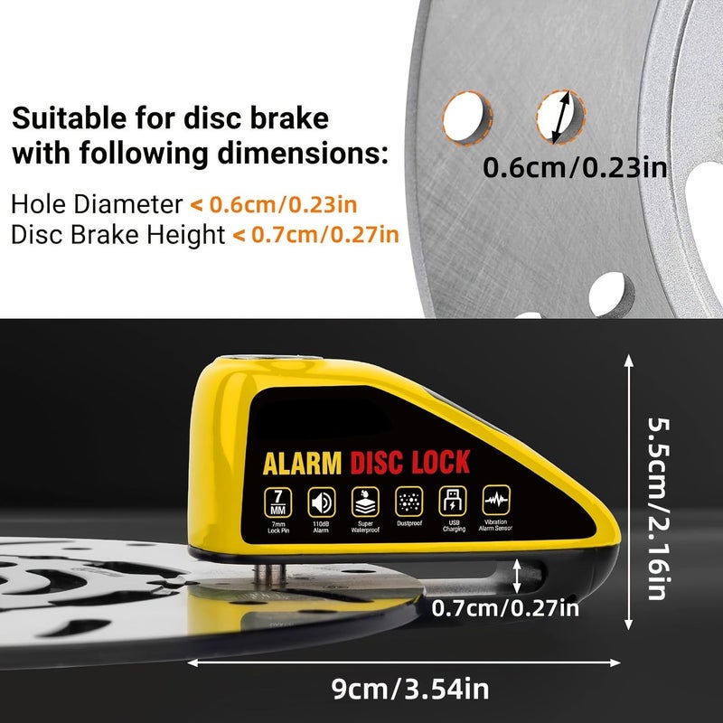 Yellow Green 110dB Alarm Disc Lock for Motorcycles and E Bikes Low Pick Proof Design USB Type C Fast Charging Includes Warning Rope - Image 2