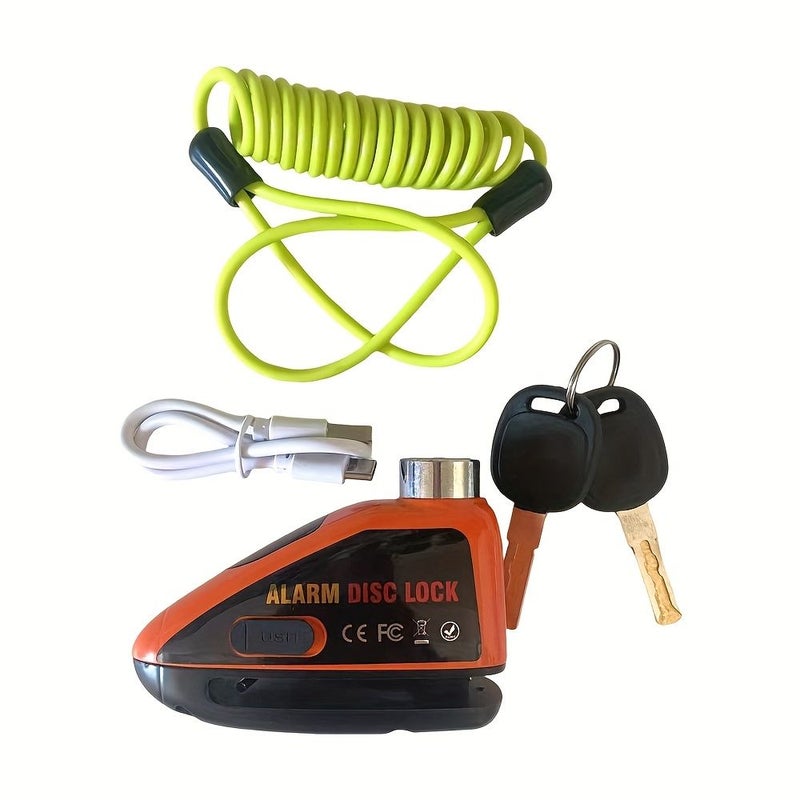 Yellow Green 110dB Alarm Disc Lock for Motorcycles and E Bikes Low Pick Proof Design USB Type C Fast Charging Includes Warning Rope - Image 4