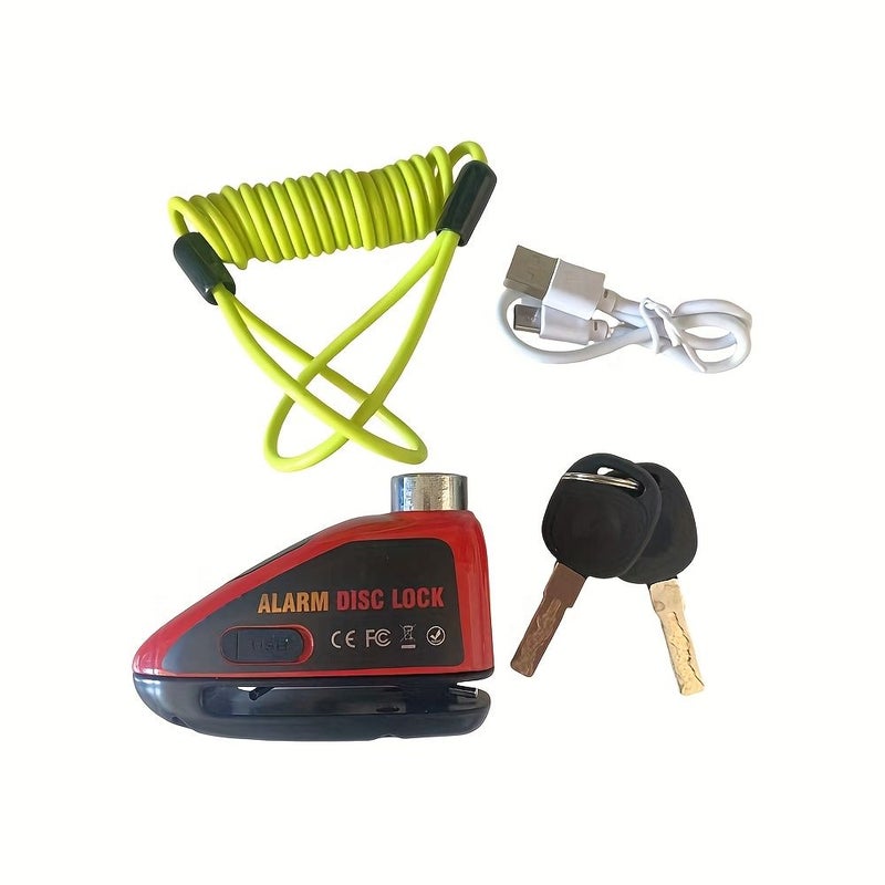 Yellow Green 110dB Alarm Disc Lock for Motorcycles and E Bikes Low Pick Proof Design USB Type C Fast Charging Includes Warning Rope - Image 3