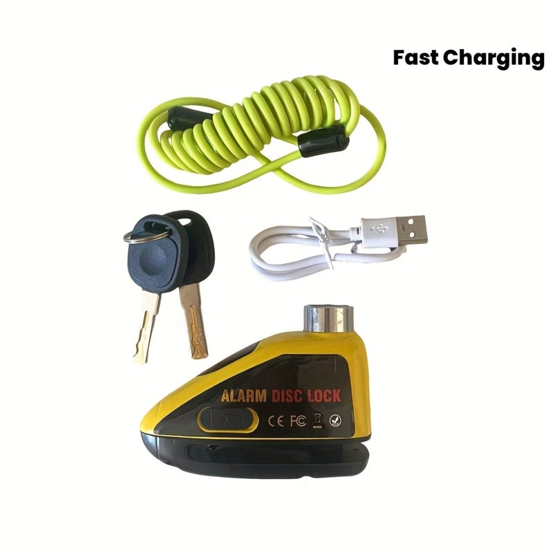 Yellow Green 110dB Alarm Disc Lock for Motorcycles and E Bikes Low Pick Proof Design USB Type C Fast Charging Includes Warning Rope - Image 1