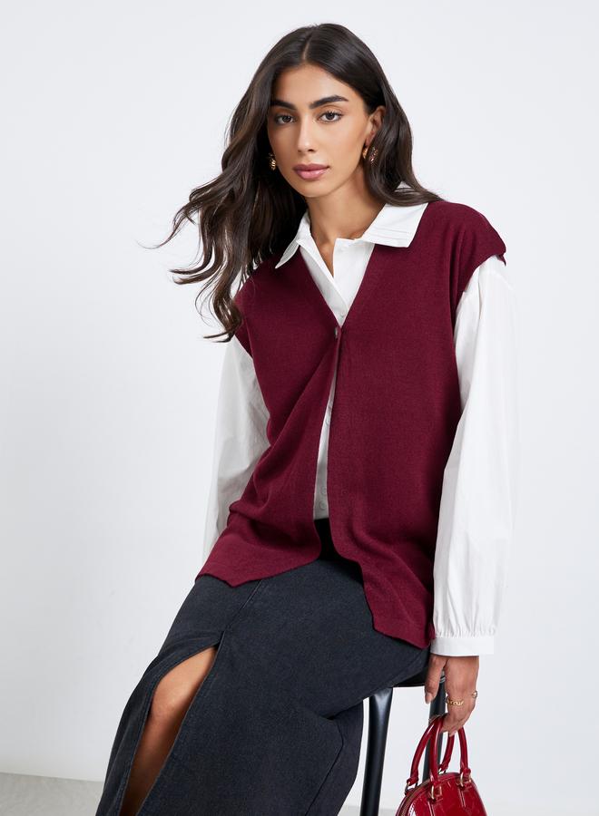 Styli Burgundy Sleeveless Knit Top With Button - Image 1