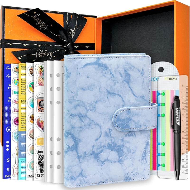 Zelten PU Leather Personal Notebook Planner with 80 Pages Loose-Leaf Papers 6 Holes Ring Binder Pen Holder Magnetic Buckle (Blue Marble, A6 Gift Box) - Image 1