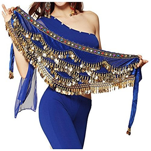 VRITRAZ Women's Velvet Belly Dance Hip Scarf Waistband Belt Skirt with Multi Color Beads and 300 Ringy Golden Coins 300 Royal - Image 1