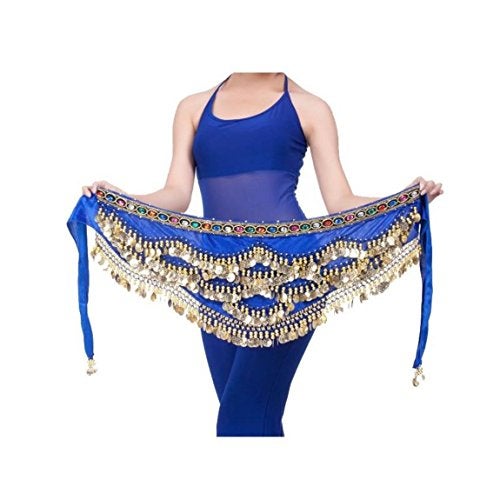 VRITRAZ Women's Velvet Belly Dance Hip Scarf Waistband Belt Skirt with Multi Color Beads and 300 Ringy Golden Coins 300 Royal - Image 5