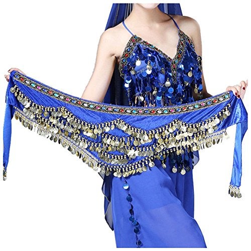 VRITRAZ Women's Velvet Belly Dance Hip Scarf Waistband Belt Skirt with Multi Color Beads and 300 Ringy Golden Coins 300 Royal - Image 3