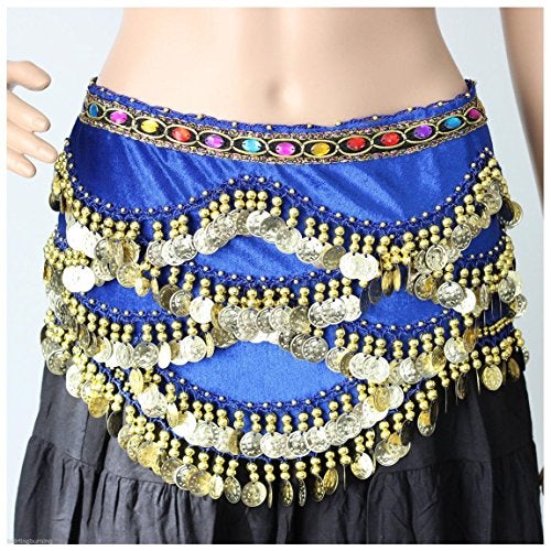 VRITRAZ Women's Velvet Belly Dance Hip Scarf Waistband Belt Skirt with Multi Color Beads and 300 Ringy Golden Coins 300 Royal - Image 2