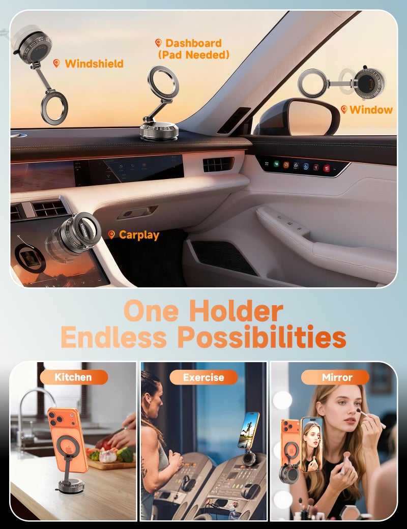 visnfa Pure Zinc Alloy Vacuum Magnetic Phone Holders for Your Car [105+LBS Suction & 3800gf Magnetic] 360Â° Adjustable Magsafe Car Phone Holder Mount for iPhone 17 16 15 14 13 12 Series & Android - Image 2