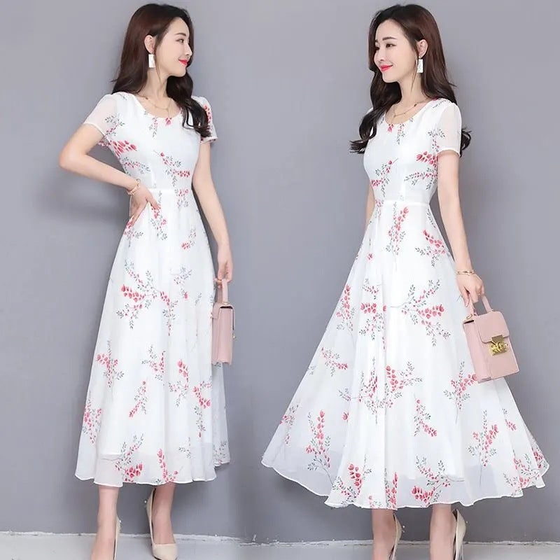 Fashion Dress Women'S 2024 Floral Short-Sleeved Mid-Length Skirt Elegant Slimming Long Skirt For Women - Image 1