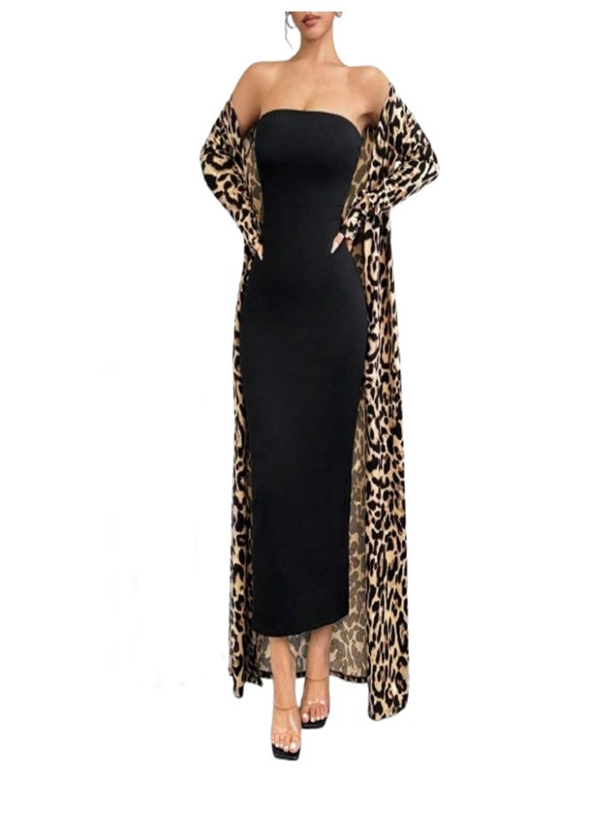 2-Piece Long Robe Shirt Set - Tiger Print - Special Size - Image 1