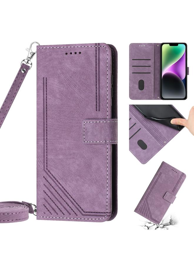 Zaboon Case For iPhone 13 mini Skin Feel Stripe Pattern Leather Phone Case with Lanyard - Image 1