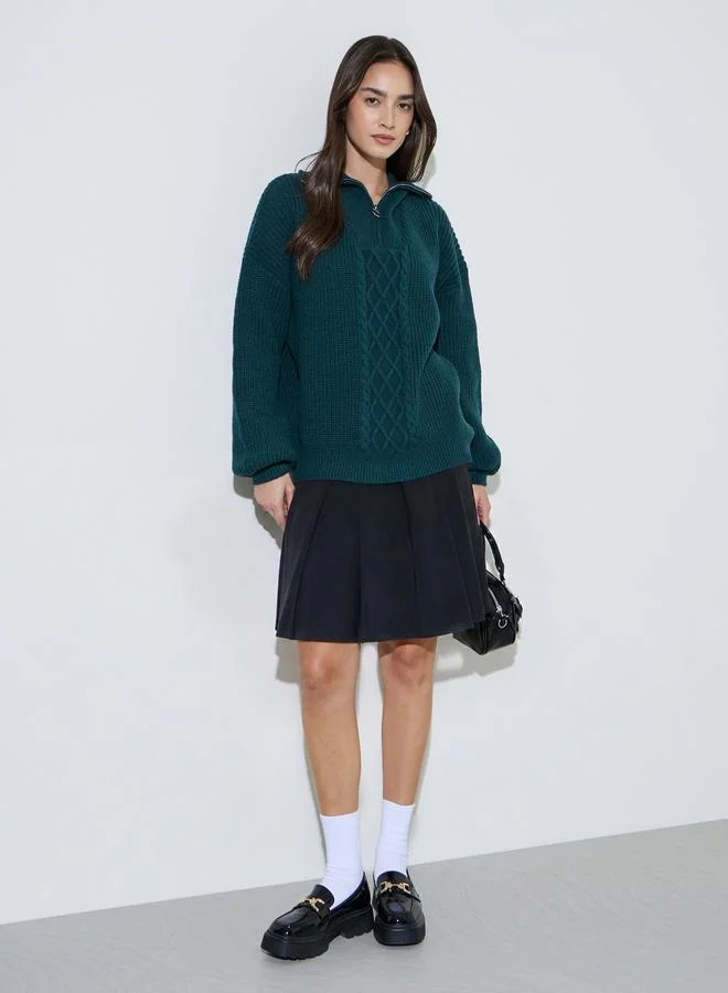 Styli Dark Green Cable Knit Half-Zip Sweater