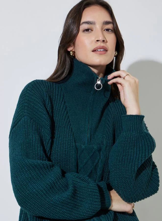Styli Dark Green Cable Knit Half-Zip Sweater